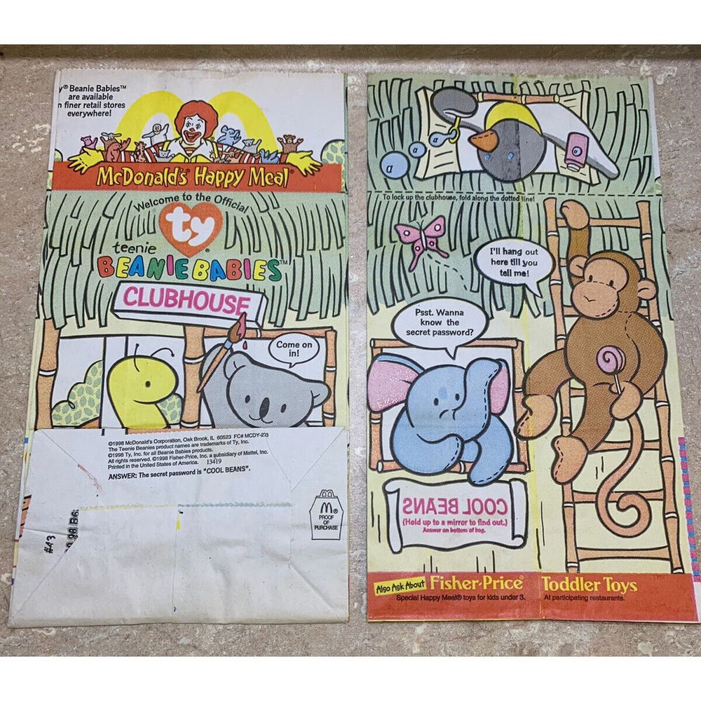 2 Vintage 1998 McDonalds TY Beanie Babies Clubhouse Happy Meal Bags (Unused)